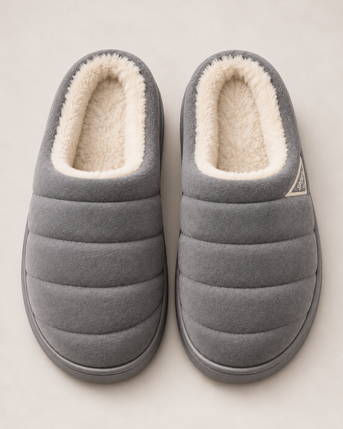 Men's grey quilted plush slippers, near-top studio view