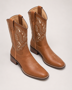 Women's Western Boots – Embroidered Mid-Calf Style in Tan, elevated view