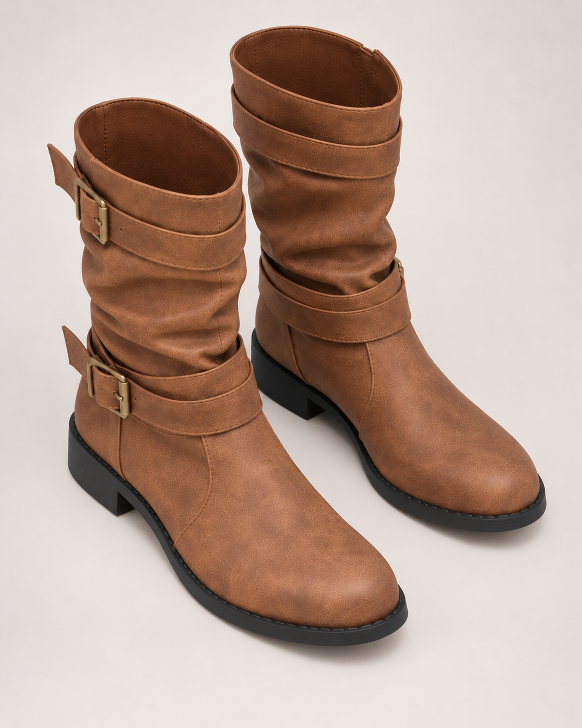 Women's Biker Boots – Double Buckle Detail in Brown, elevated view