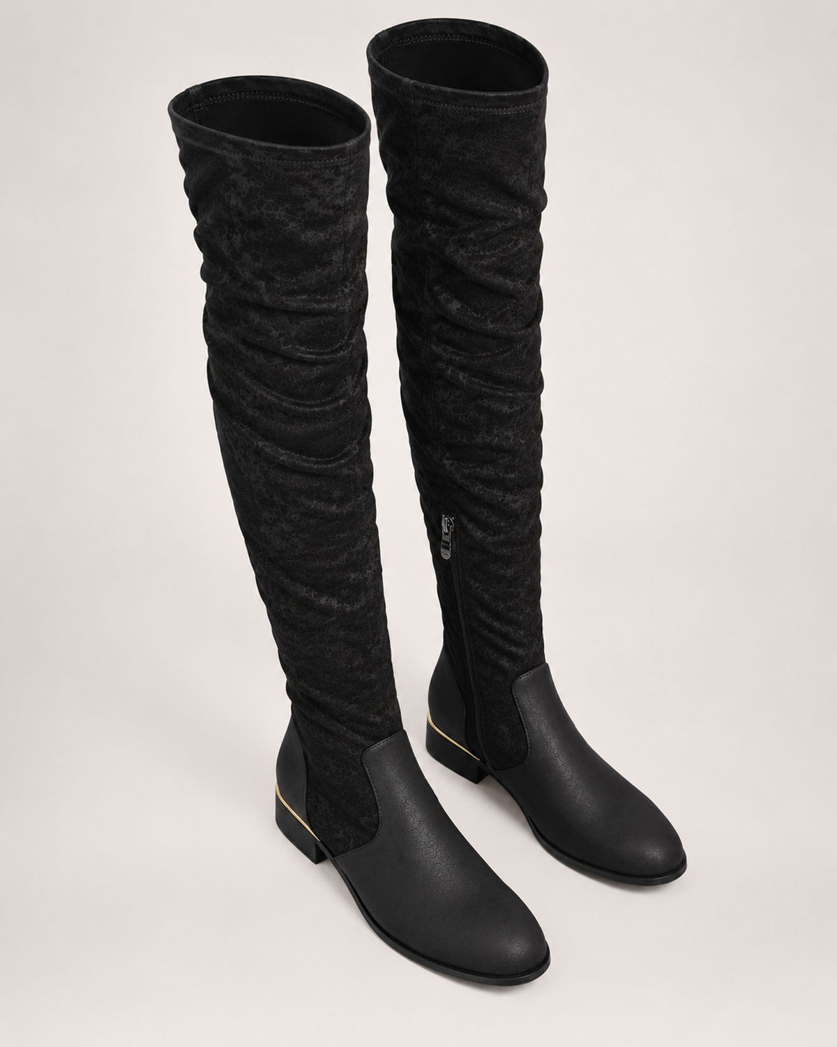Women's Over the Knee Boots – Low Block Heel in Black, elevated view
