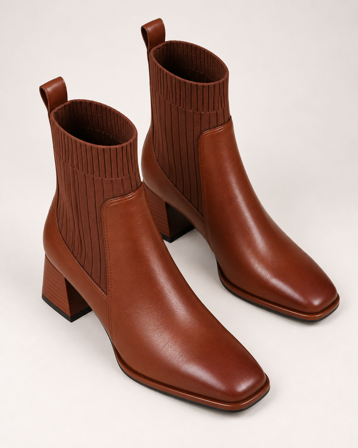 Women's Sock Boots – Square Toe Block Heel in Brown, elevated view