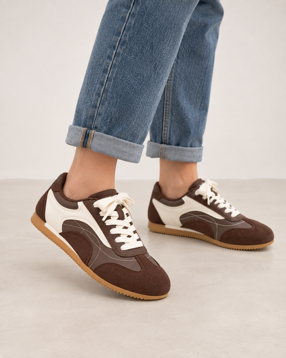 Women's Trainers – Retro Contrast Panels in Brown, elevated view