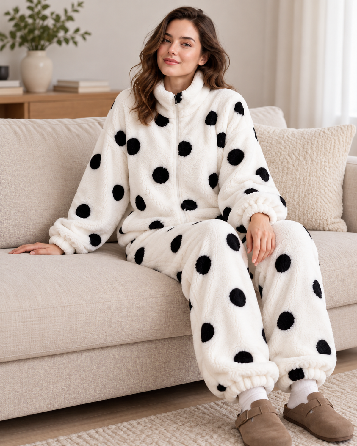 Women's white polka-dot fleece pyjama set, seated lounge view