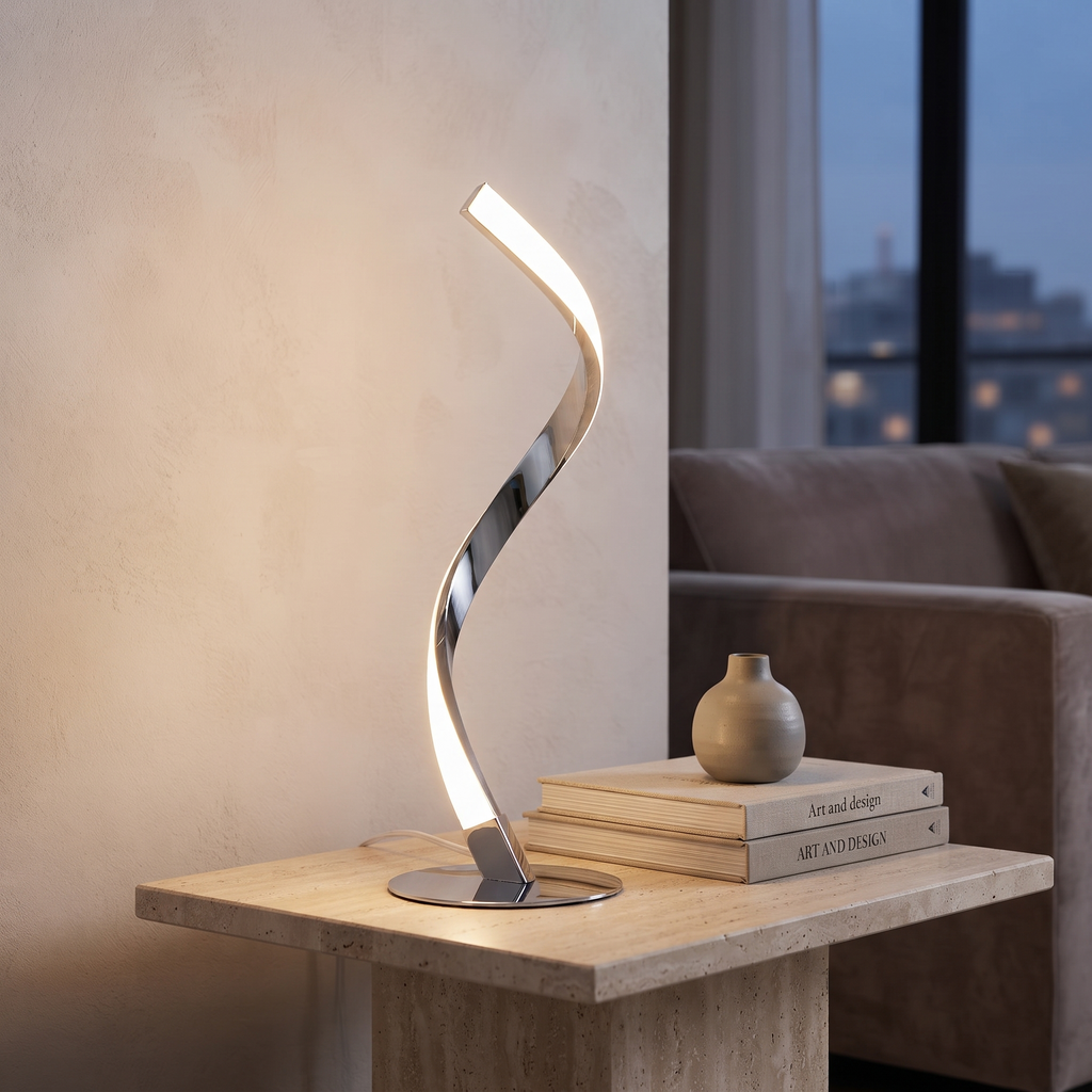Warm chrome spiral table lamp on a travertine side table