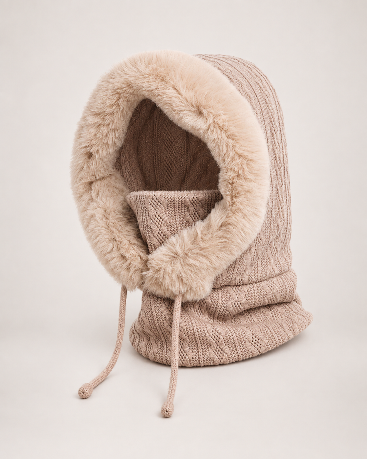 Women's Faux Fur Trim Hooded Scarf in Beige, complete product view