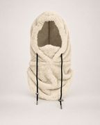 Plush Drawstring Balaclava Hood in Cream, complete product view