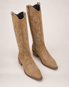 Women's Cowboy Boots: Embroidered Knee-High Style in Dark Brown, pair elevated top