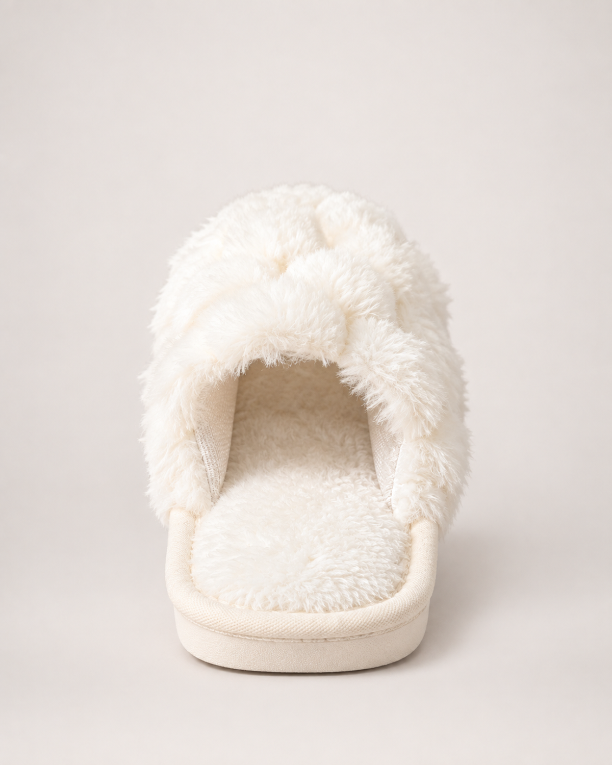 Fluffy Open Toe Slippers in White, back heel view
