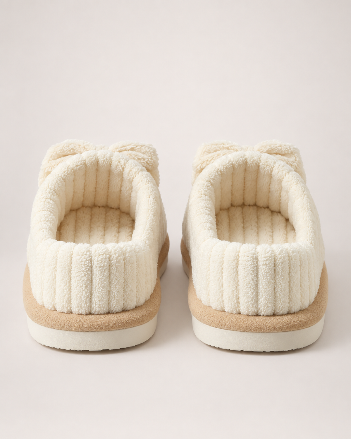 Women's Corduroy Bow Slippers in Beige, back heel view