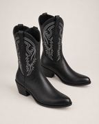 Women's Western Boots: Embroidered Mid-Calf Style in Black, pair elevated top