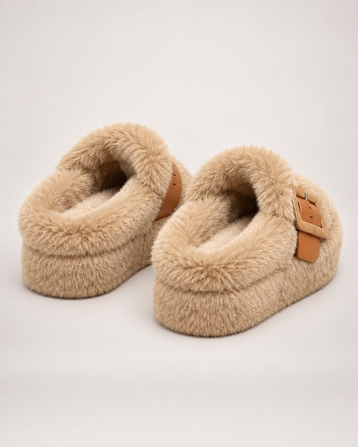 Women's Buckle Platform Slippers in Khaki, back heel view
