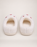 Heart Print Fluffy Slippers in White, back heel view