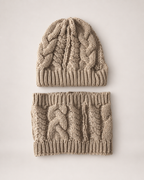 Women's Cable Knit Hat & Scarf Set in Beige, complete product view
