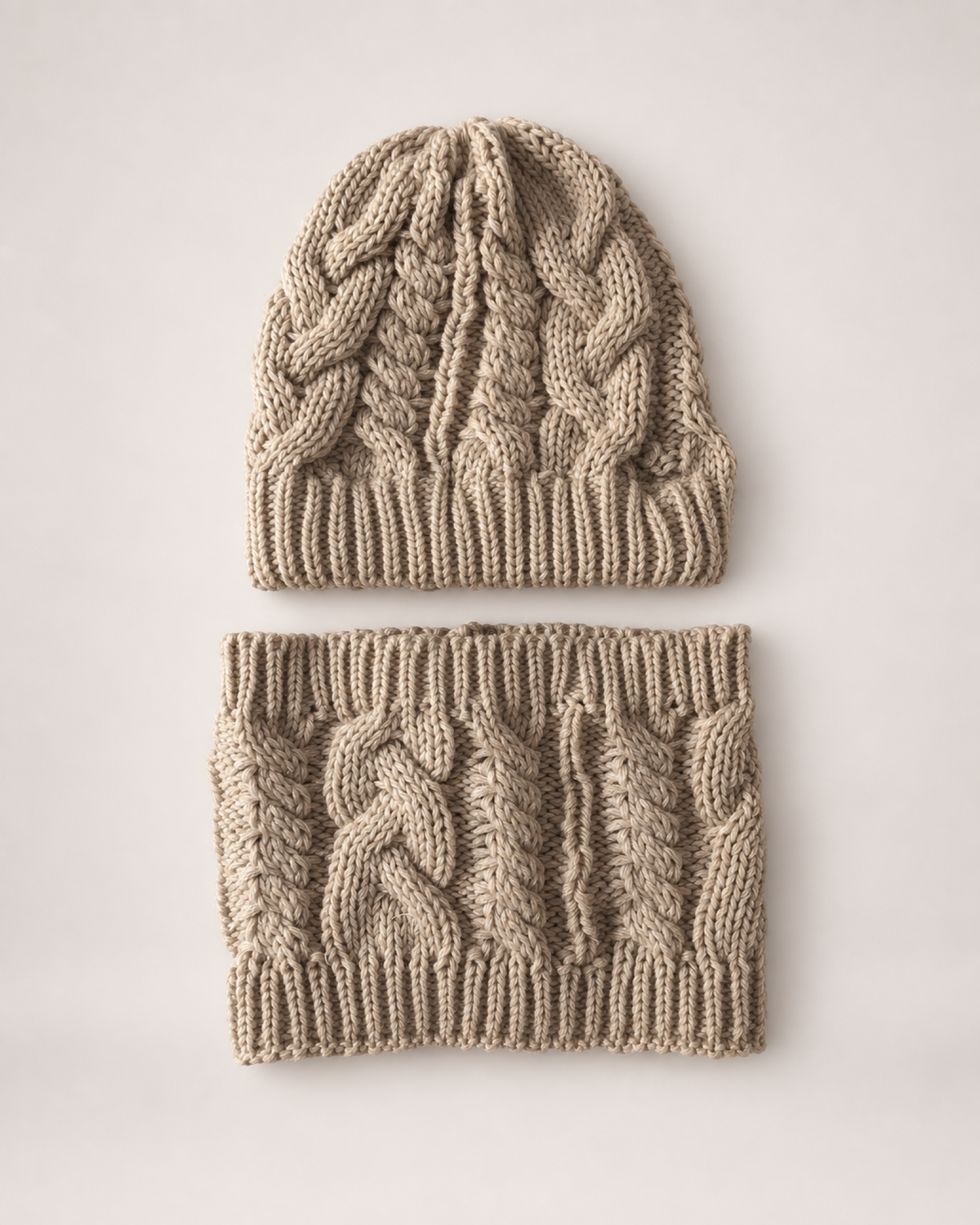 Women's Cable Knit Hat & Scarf Set in Beige, complete product view