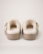 Faux Fur Buckle Mule Slippers in Beige, back heel view