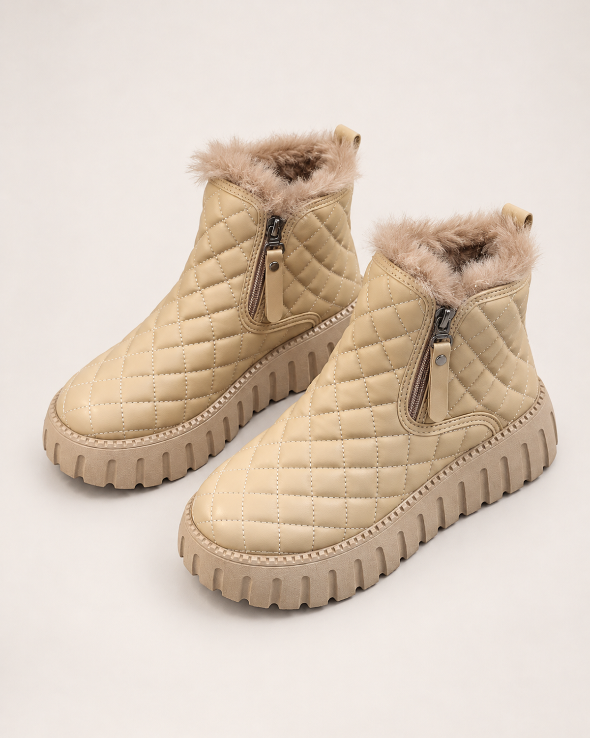Women's Snow Boots: Quilted Platform Style in Khaki, pair elevated top