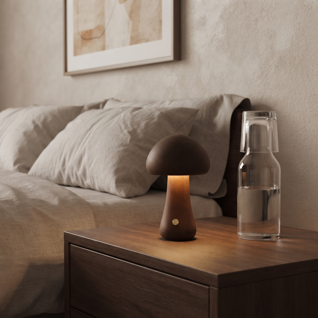 Compact Walnut Willow mushroom lamp in a wide bedroom setting