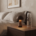 Compact Walnut Willow mushroom lamp in a wide bedroom setting