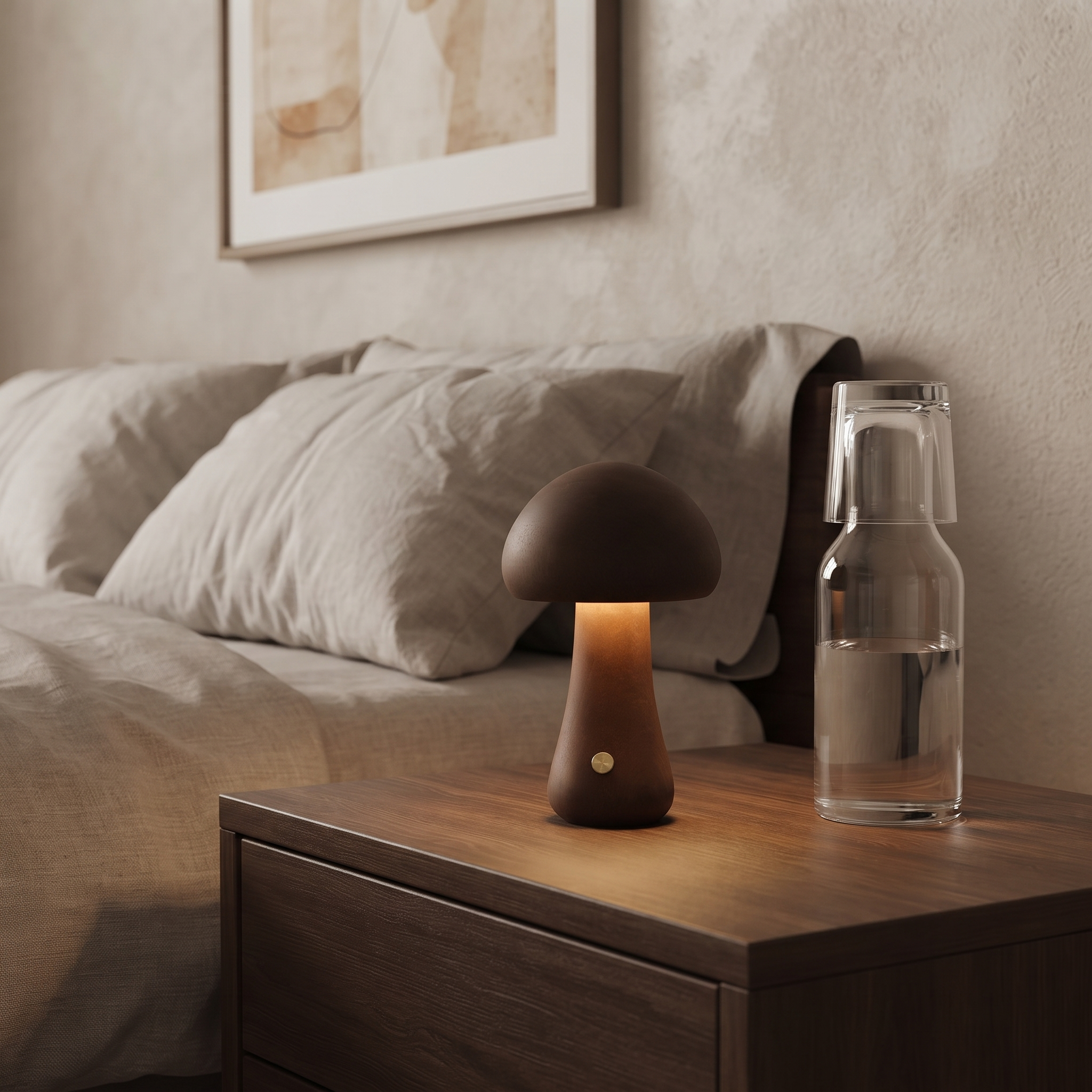 Compact Walnut Willow mushroom lamp in a wide bedroom setting
