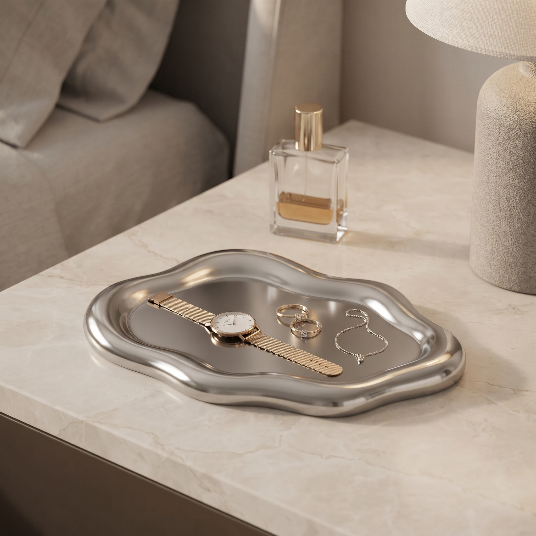 Mira Cloud Jewellery Tray in Silver Mirror — Demonstrate jewellery organisation in a believable way.
