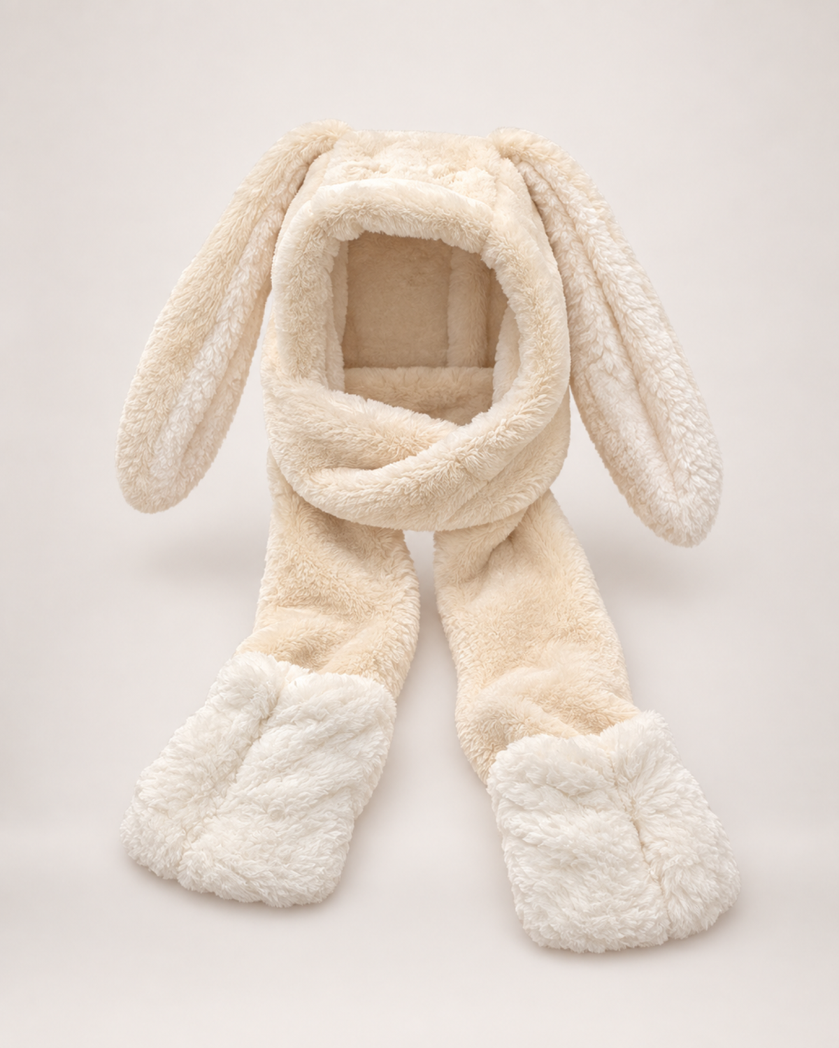 Plush Animal Ear Hooded Scarf in Beige / Bunny Ears, complete product view