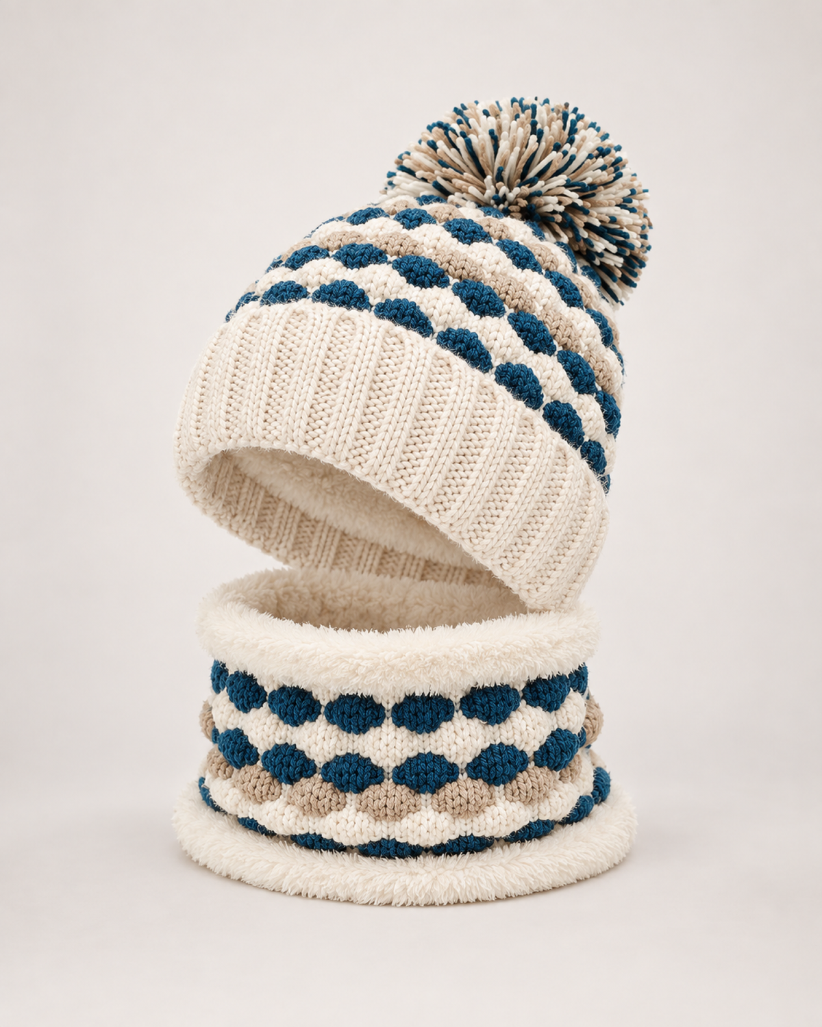 Women's Bobble Hat & Neck Warmer in Beige / Hat & Neck Warmer Set, complete product view