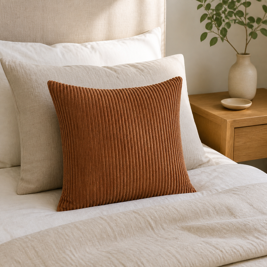 Coffee ribbed cushion cover styled with neutral bedding