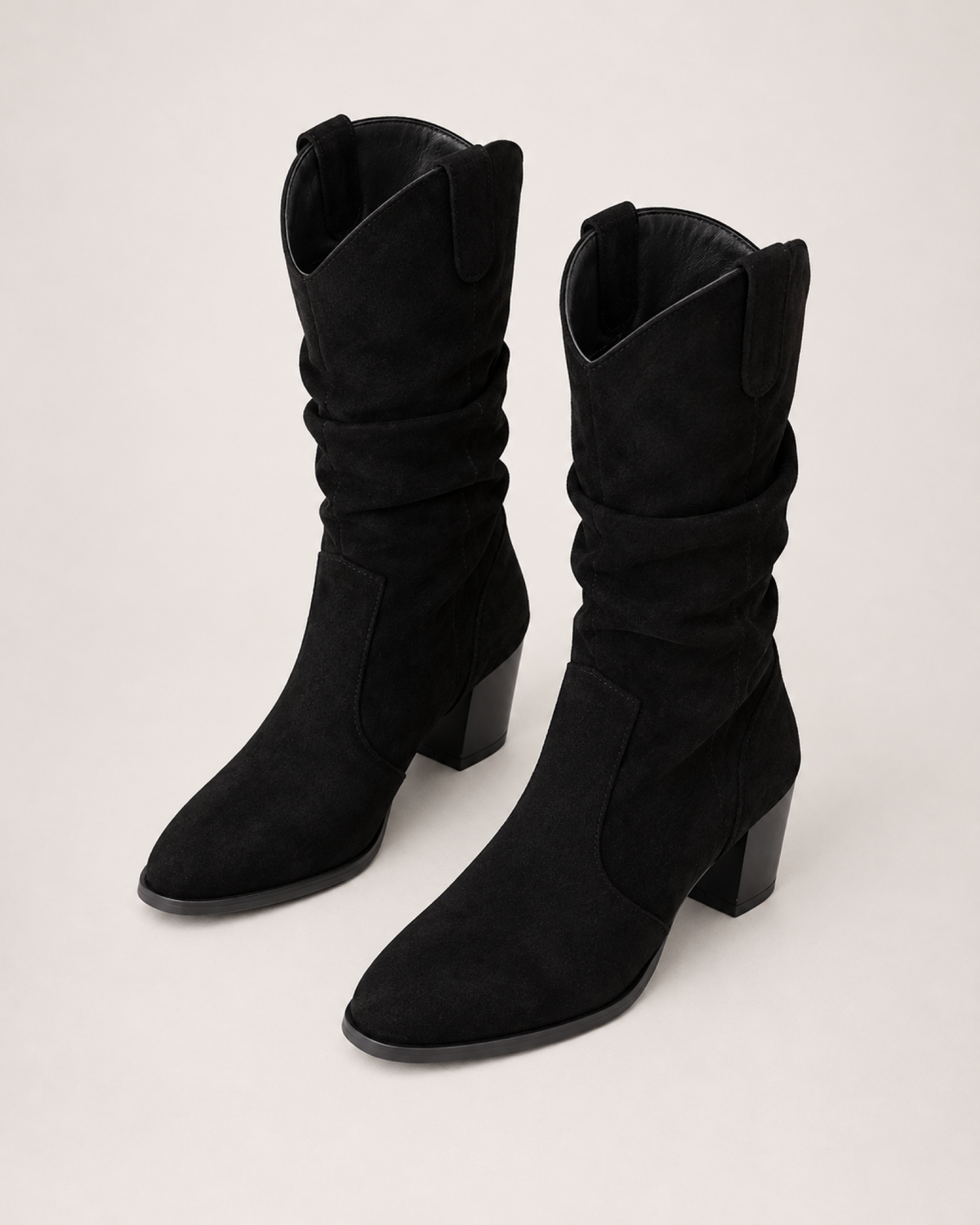 Women's Mid-Calf Boots: Chunky Heel Style in Black, pair elevated top