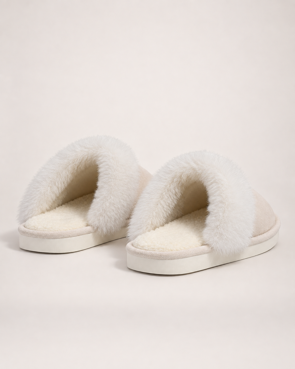 Fluffy House Slippers in Beige, back heel view