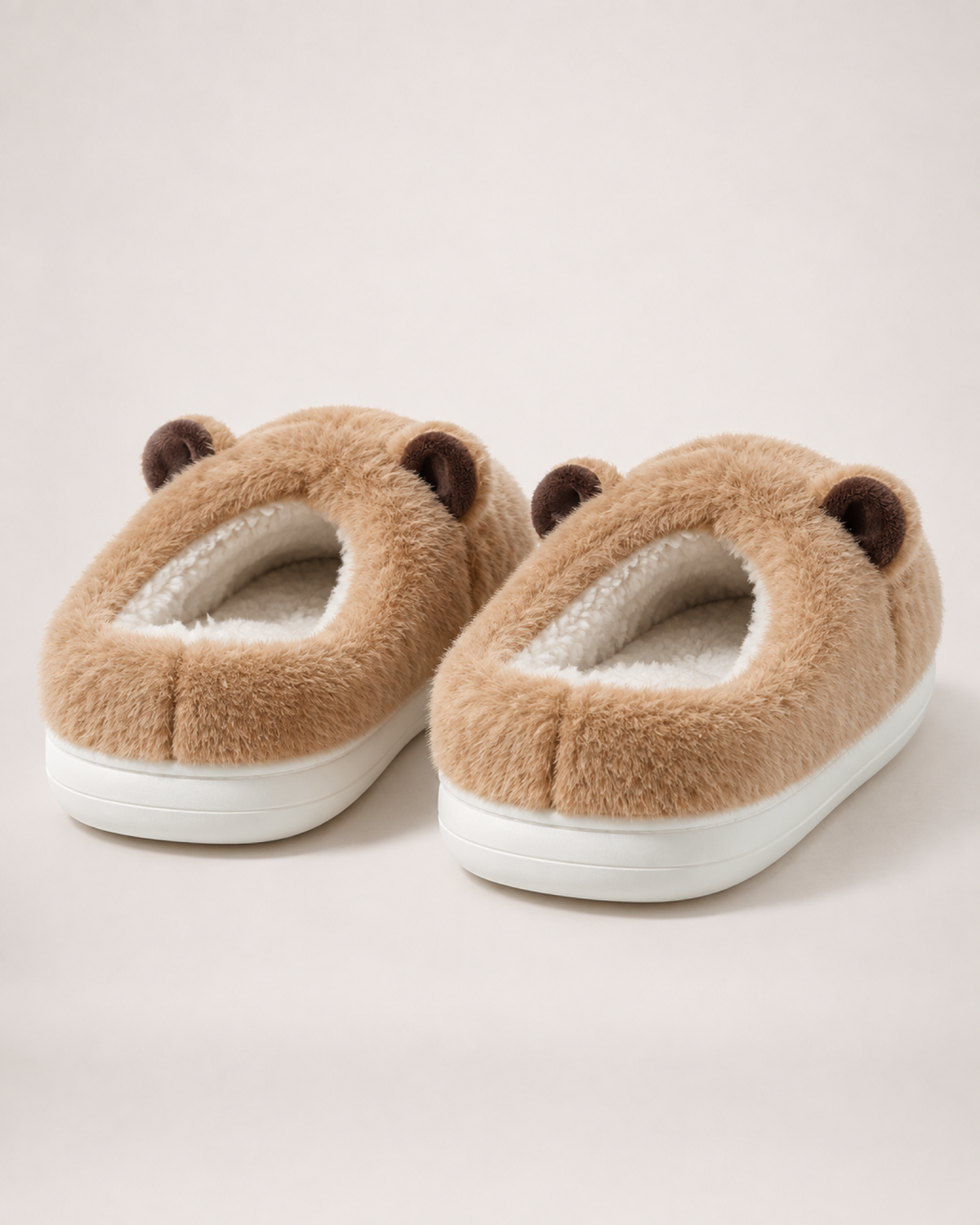 Plush Capybara Slippers in Brown, back heel view