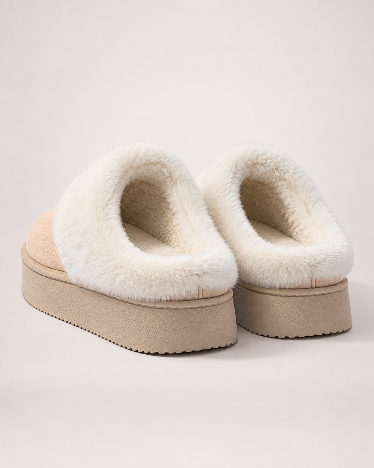 Warm Suede-Effect Slippers in Beige, back heel view
