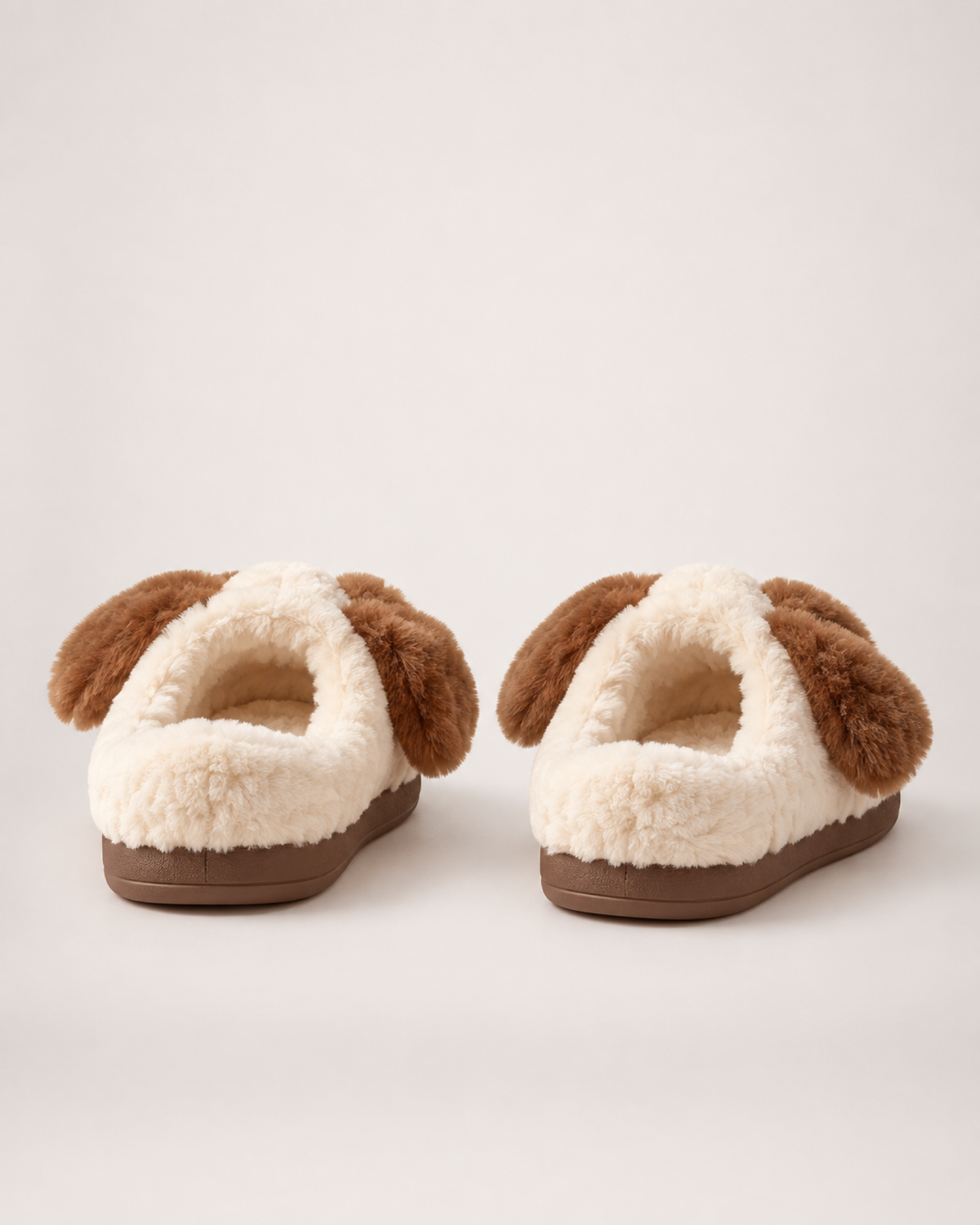 Plush Dog Face Slippers in Beige, back heel view