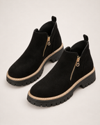 Women's Ankle Boots: Suede-Effect Side-Zip Style in Black, pair elevated top