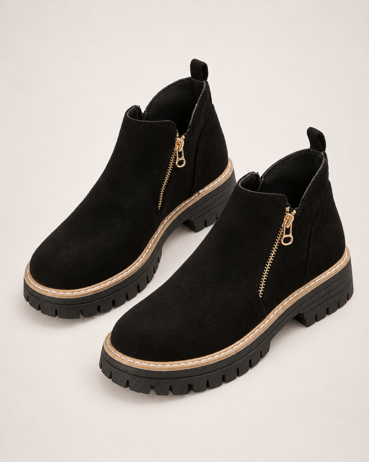 Women's Ankle Boots: Suede-Effect Side-Zip Style in Black, pair elevated top