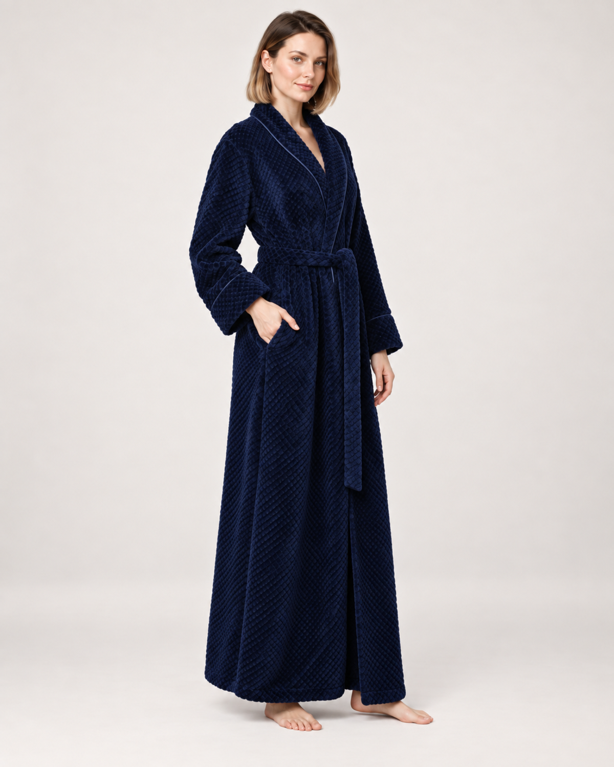 Women's Textured Long Dressing Gown in Navy Blue, angled view