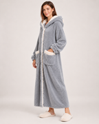 Ladies' Hooded Dressing Gown – Rounded Ear Detail in Grey, angled view