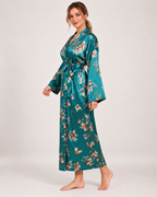 Ladies' Floral Dressing Gown – Long Wrap Style in Teal Floral, angled view