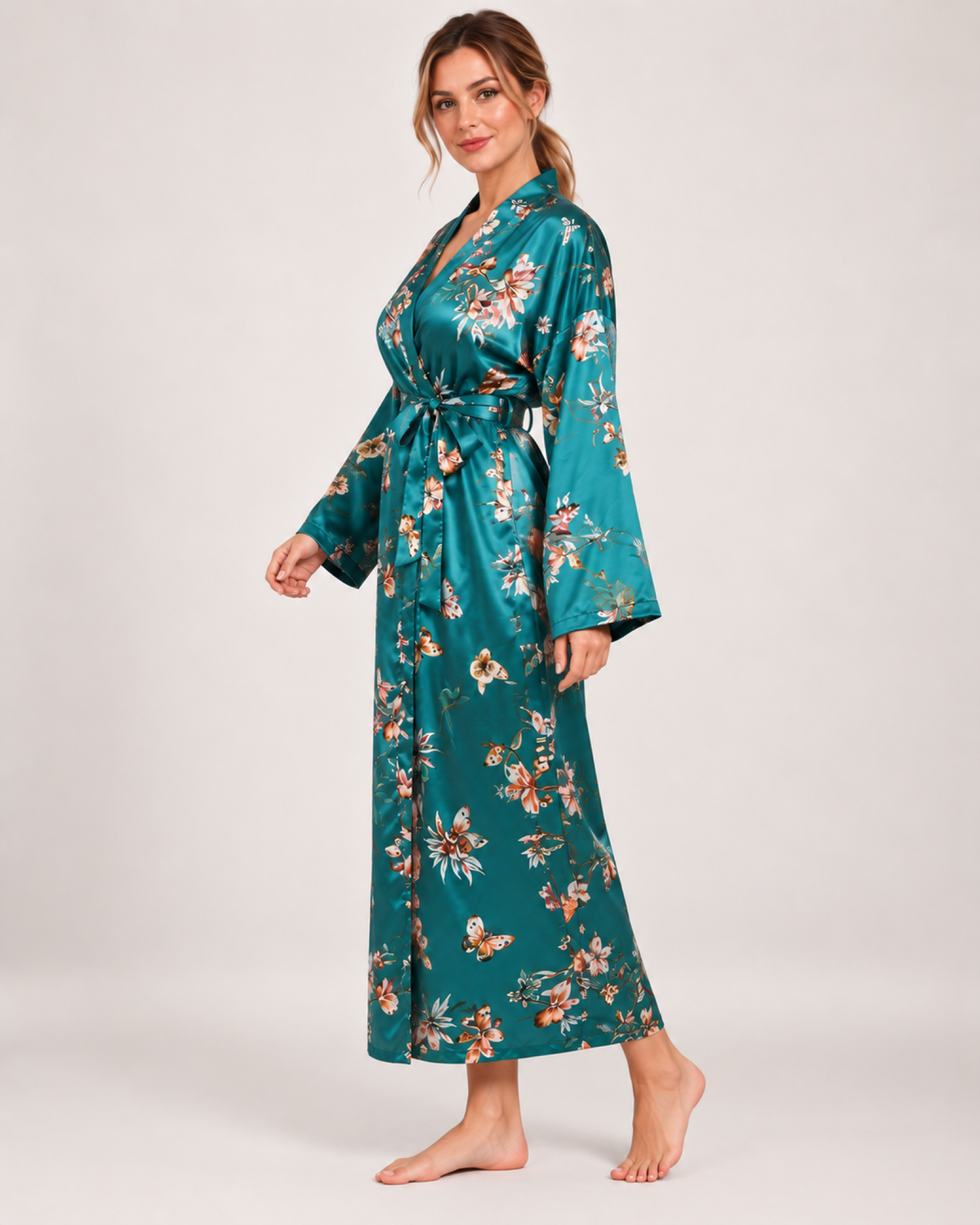 Ladies' Floral Dressing Gown – Long Wrap Style in Teal Floral, angled view