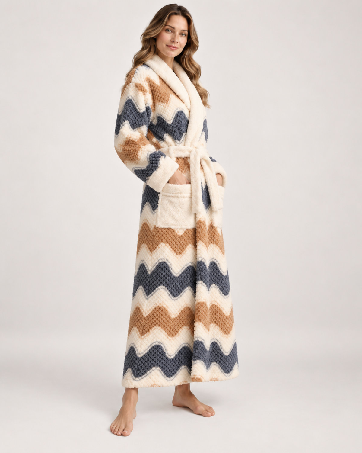 Women's Patterned Long Dressing Gown in Wave Stripe, angled view