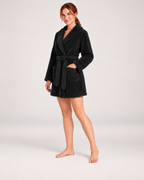 Women's Short Plush Dressing Gown in Black, angled view