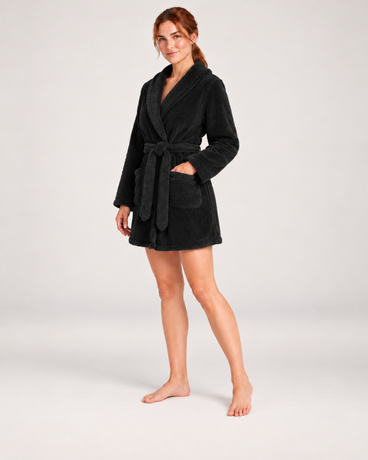 Women's Short Plush Dressing Gown in Black, angled view