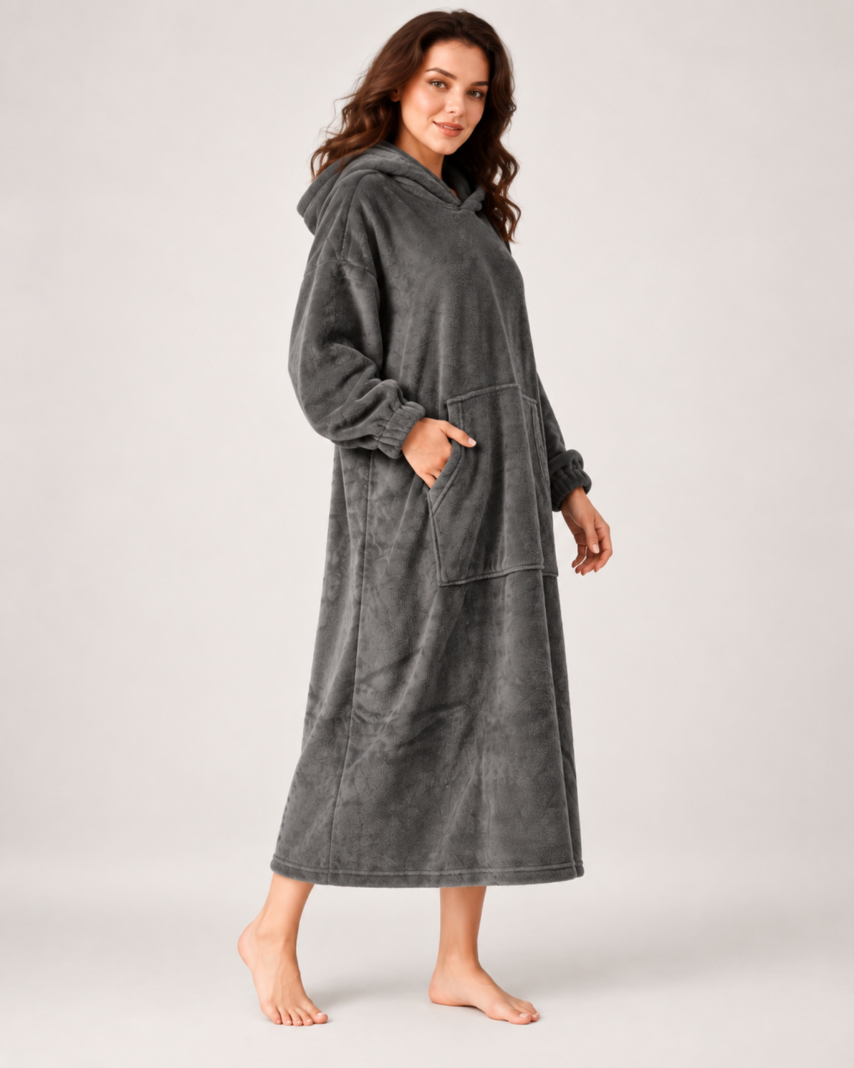 Ladies' Hooded Dressing Gown – Long Pullover Style in Dark Grey, angled view