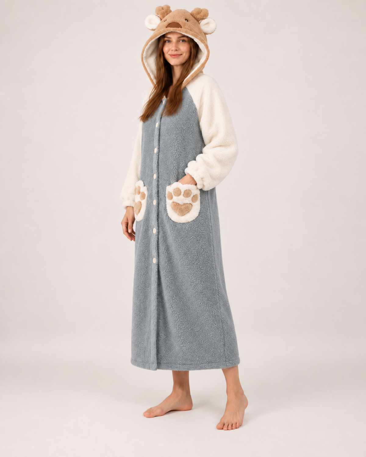 Women's Animal Hooded Lounge Robe in Grey & Cream, angled view