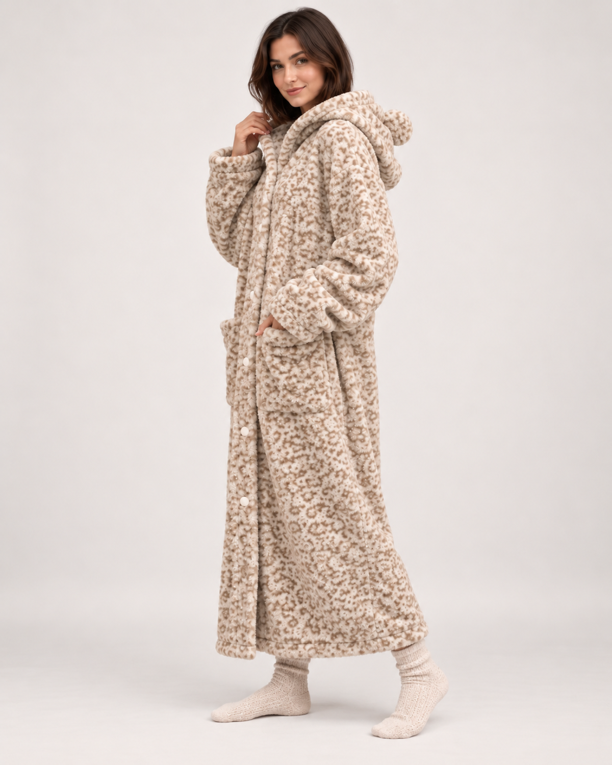 Ladies' Hooded Dressing Gown – Leopard Print in 300g Plush, angled view