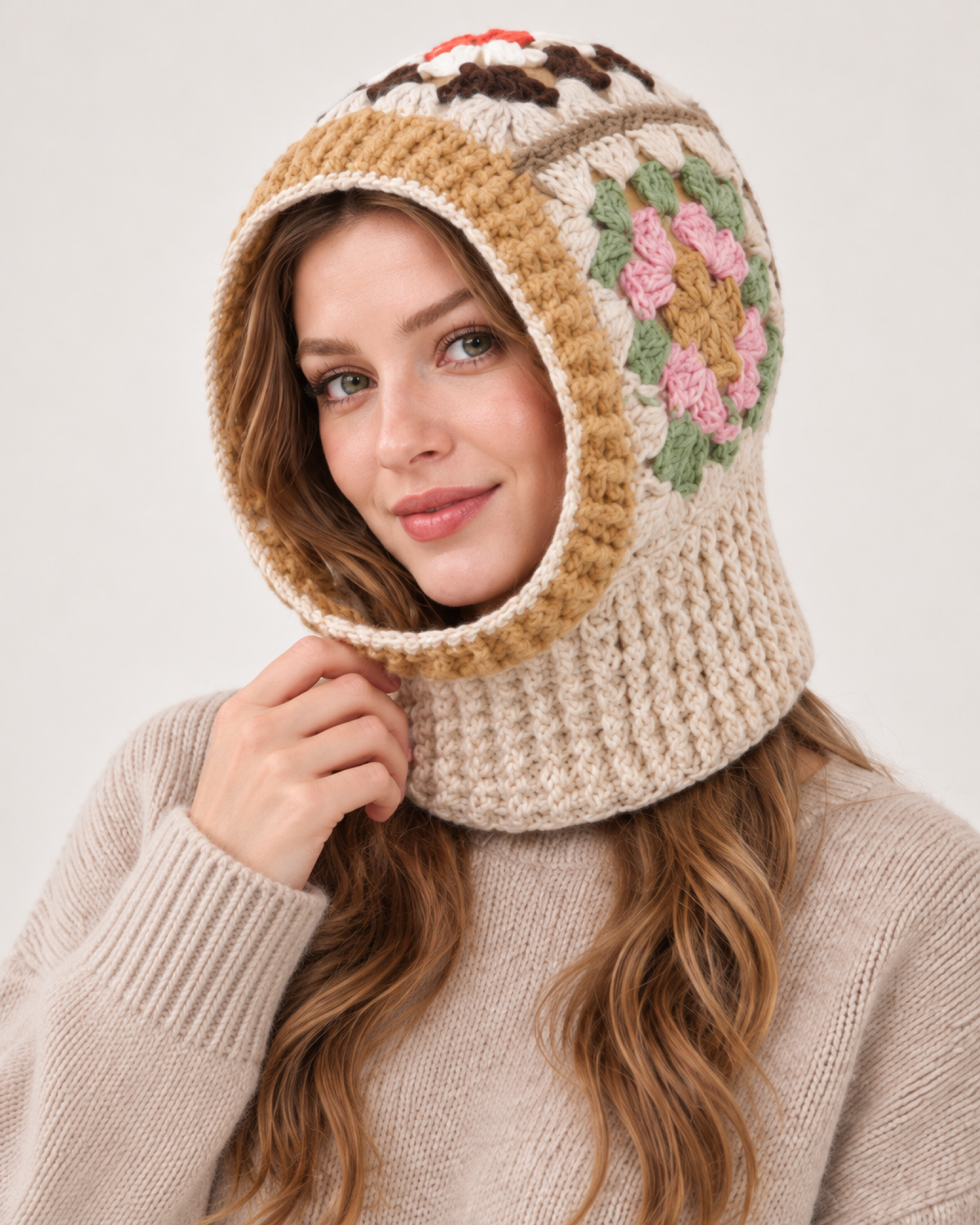 Women's beige floral crochet hooded scarf, crochet flower detail