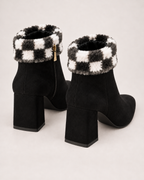Women's Ankle Boots - Plaid-Trim Block Heel Style, rear pair view showing backs and heel construction