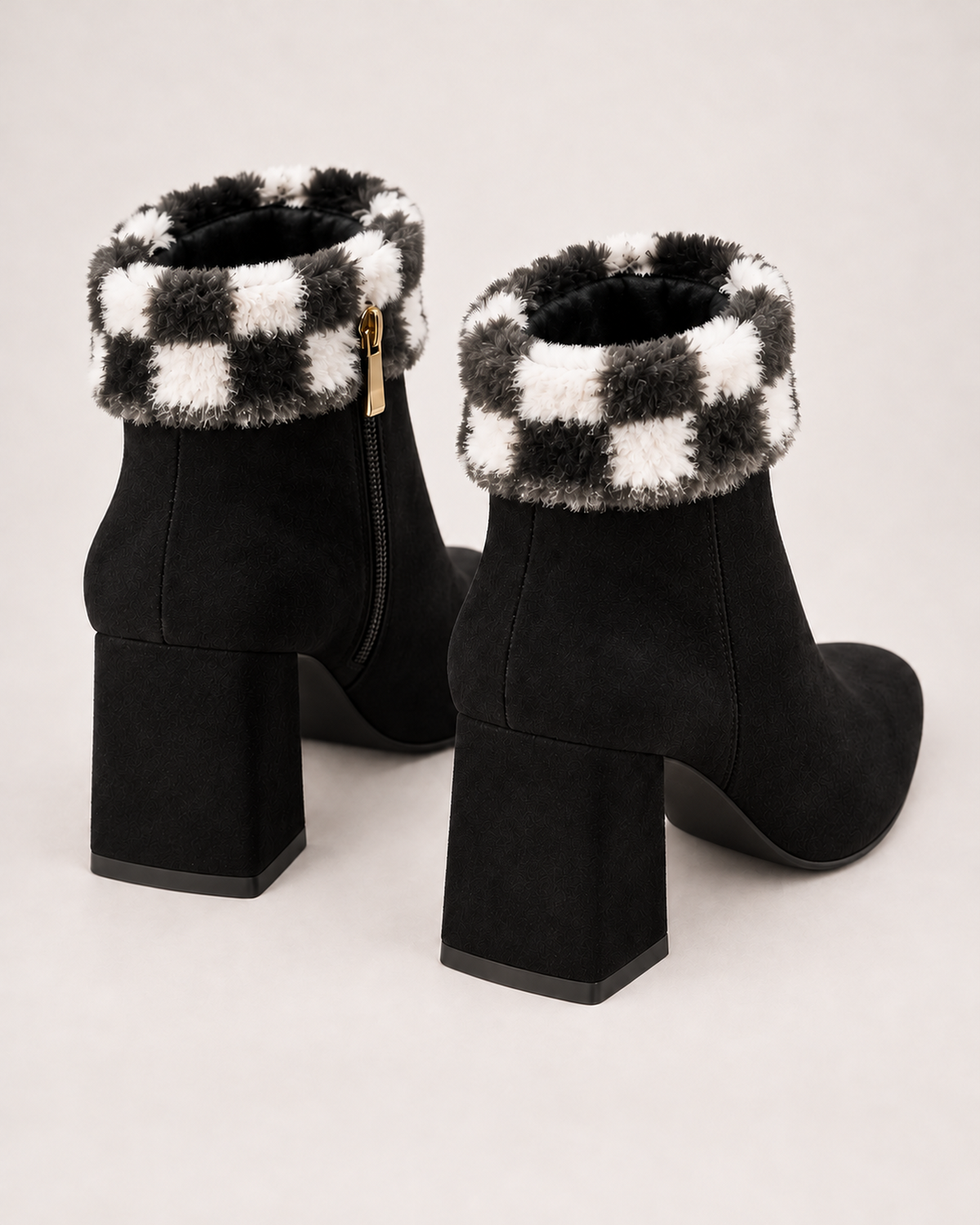 Women's Ankle Boots - Plaid-Trim Block Heel Style, rear pair view showing backs and heel construction