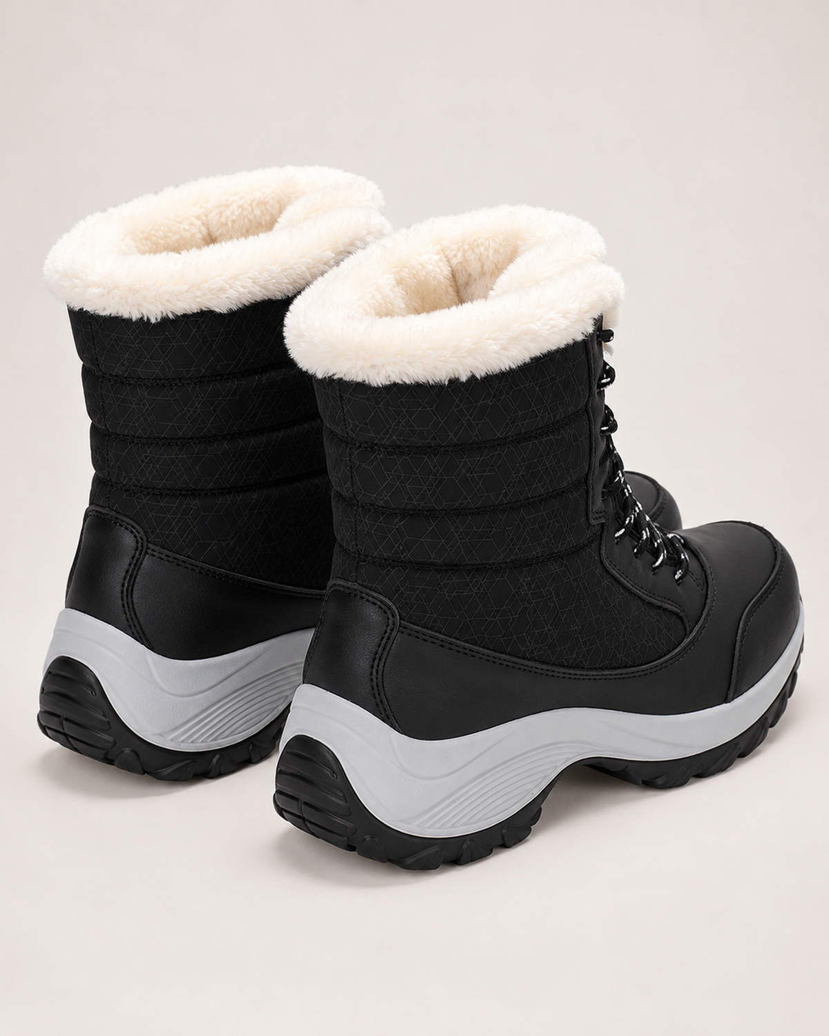 Women's Snow Boots - Faux-Fur Lace-Up Style, rear pair view showing backs and heel construction
