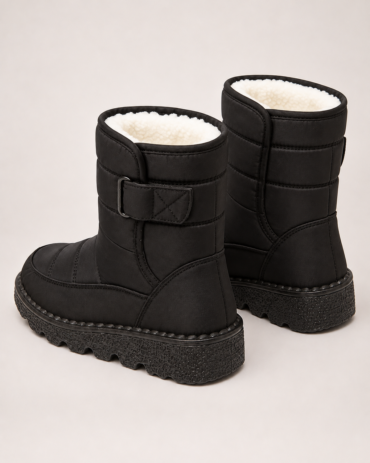 Women's Snow Boots - Plush-Lined Buckle Style, rear pair view showing backs and heel construction