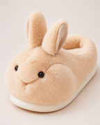 Women's Fluffy Slippers - Plush Rabbit Style, close detail of three-dimensional rabbit face, upright ears, plush surface and moulded sole
